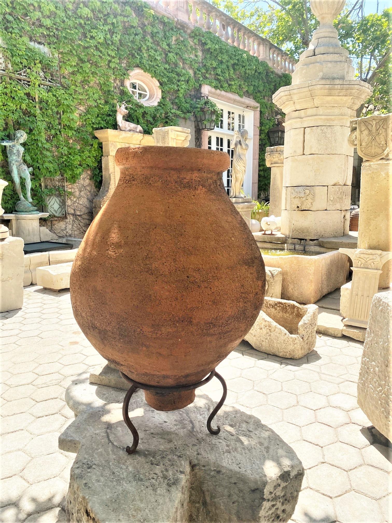 Forged Large Antique on Stand Terracotta Olive Oil Jar Garden Urn Pot Planter Dealer CA For Sale