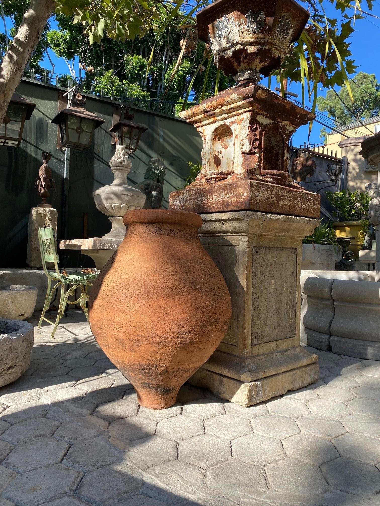 19th Century Large Antique on Stand Terracotta Olive Oil Jar Garden Urn Pot Planter Dealer CA For Sale