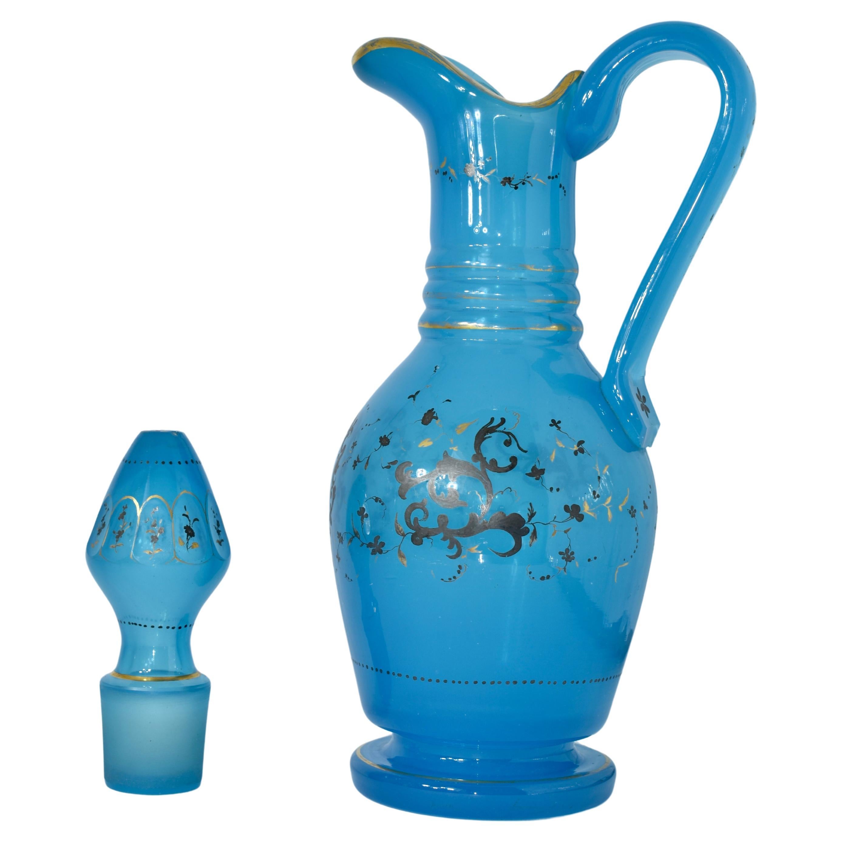 Large Antique Opaline Glass Jug, Ewer, Pitcher with Stopper, 19th Century For Sale 2