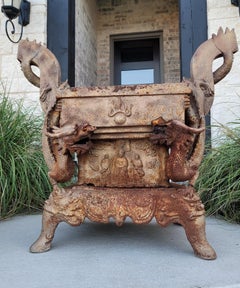 Large Antique Asian Sculptural Iron Dragon Outdoor Planter Jardiniere