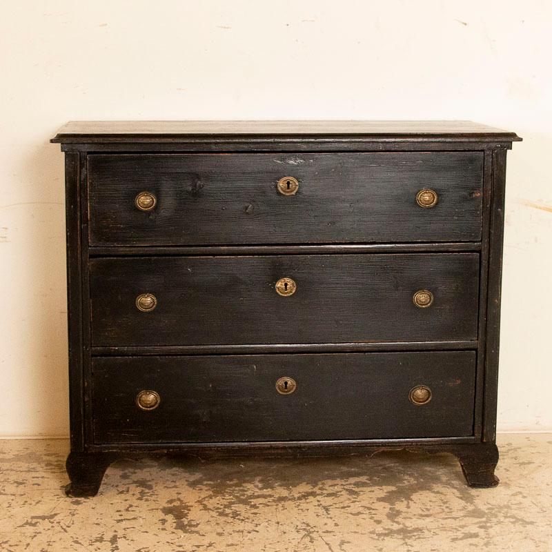 Hungarian Large Antique Original Black Painted Chest of 3 Drawers