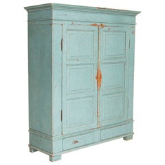 Large Antique Original Blue Painted Armoire, Denmark Large Antique Original Blue Painted Armoire, Denmark