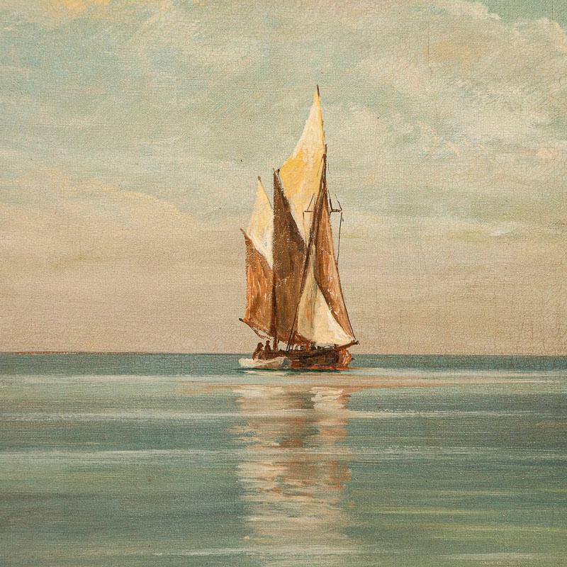 Danish Large Antique Original Oil on Canvas Painting of Sailboat Seascape Along Rocky S