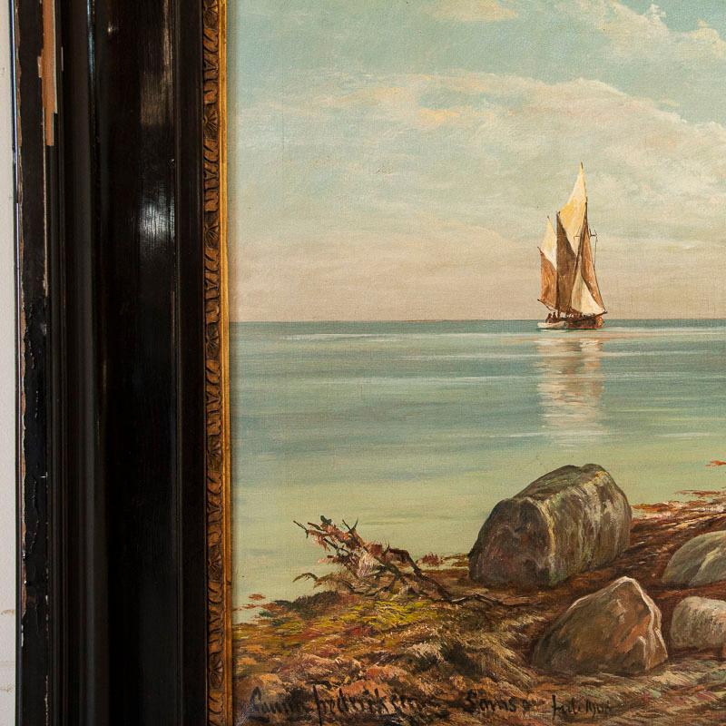 Large Antique Original Oil on Canvas Painting of Sailboat Seascape Along Rocky S In Good Condition In Round Top, TX
