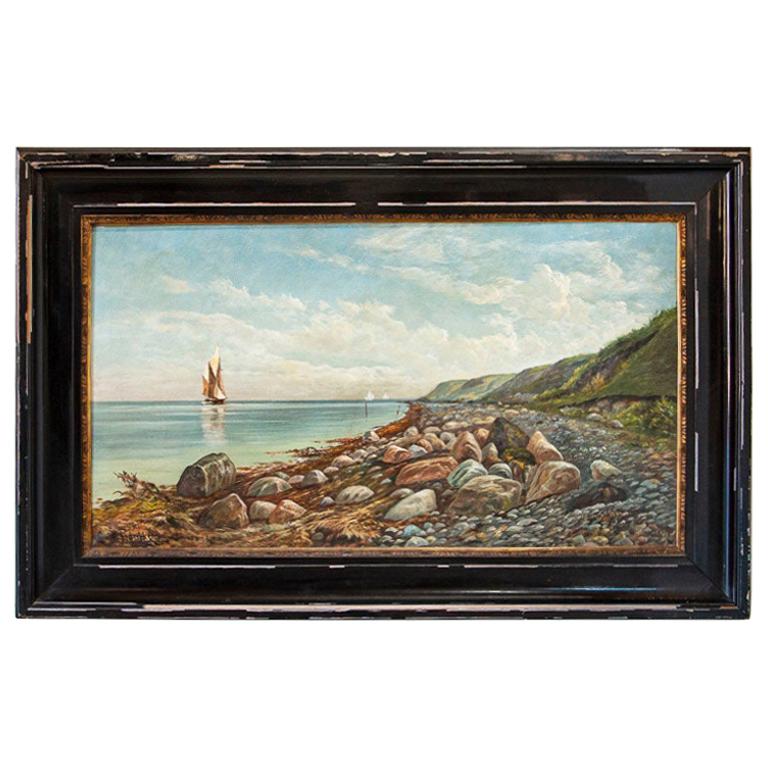 Large Antique Original Oil on Canvas Painting of Sailboat Seascape Along Rocky S