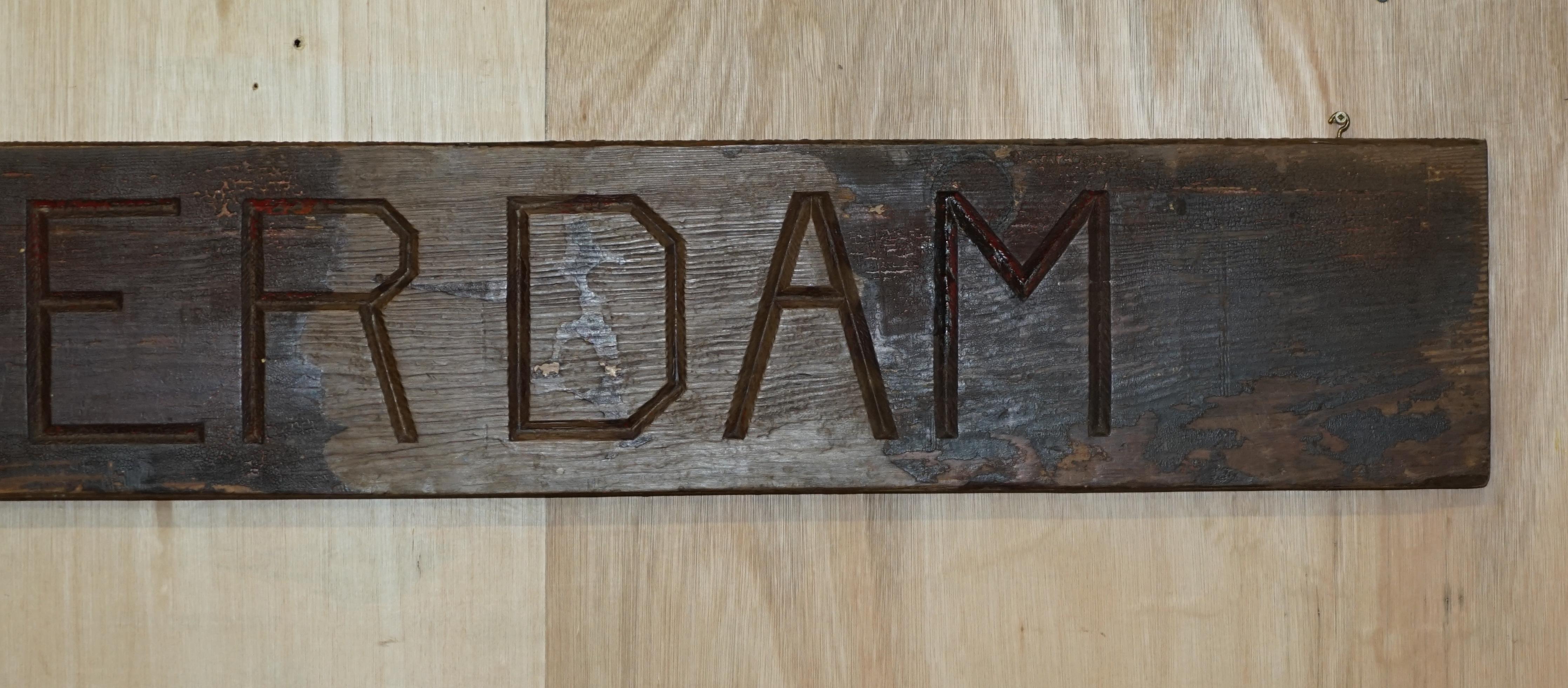 Arts and Crafts Large Antique Original Paint Amsterdam Hand Carved Wood Sign For Sale