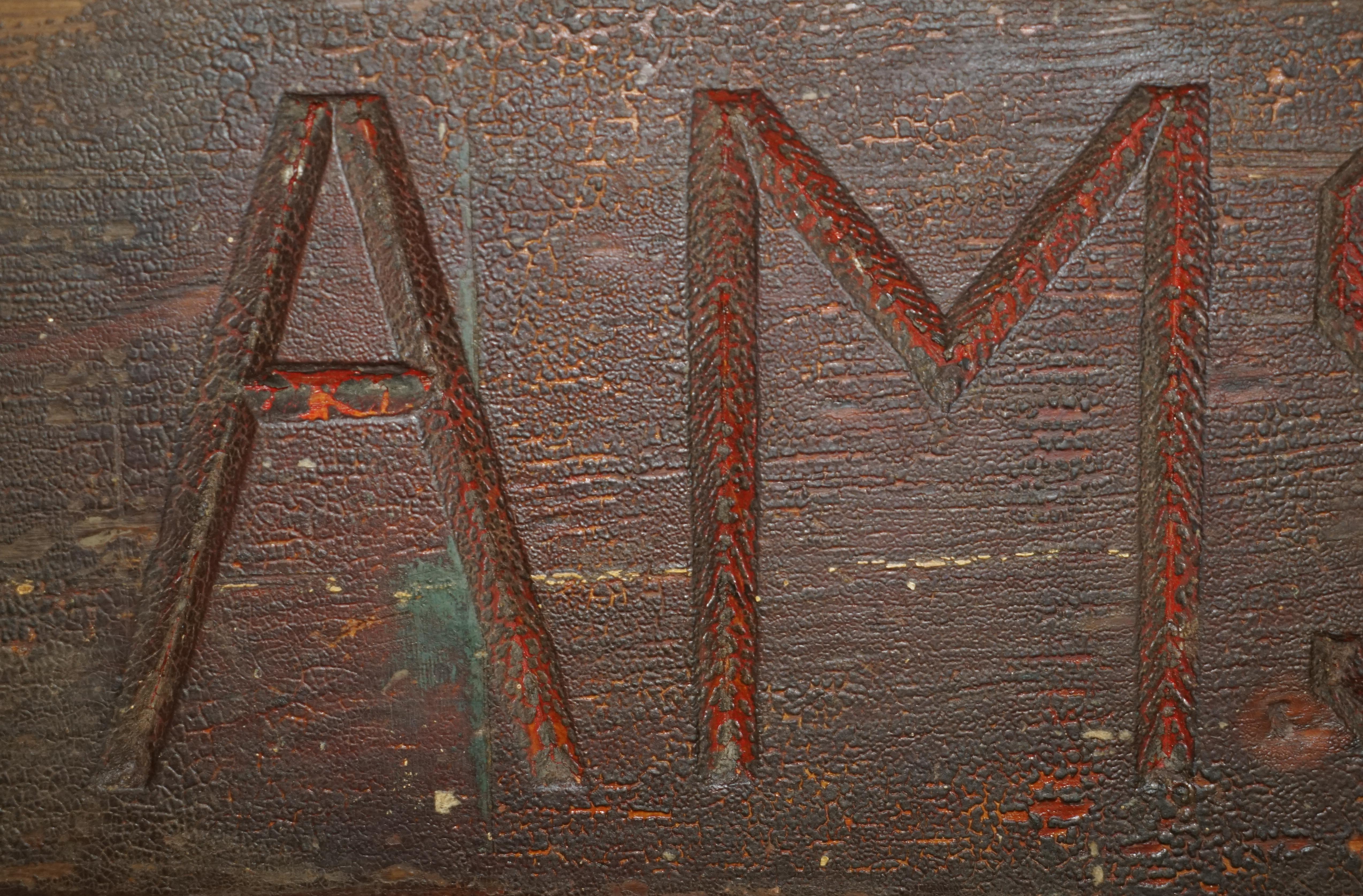 GROSSE ANTIQUE ORIGINAL PAINT AMSTERDAM HAND CARVED WOOD SiGN 170CM X 26CM im Angebot 1