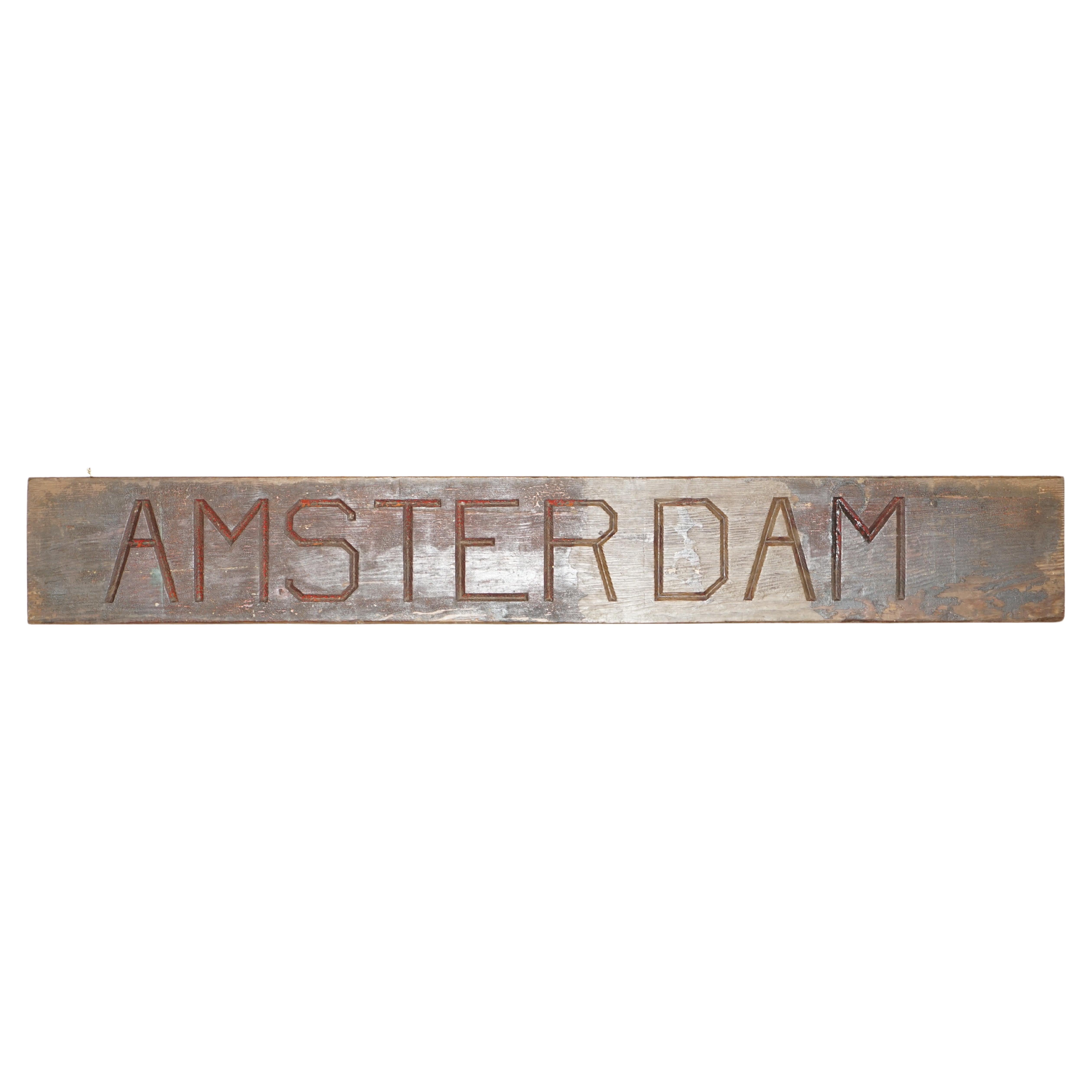 GROSSE ANTIQUE ORIGINAL PAINT AMSTERDAM HAND CARVED WOOD SiGN 170CM X 26CM im Angebot