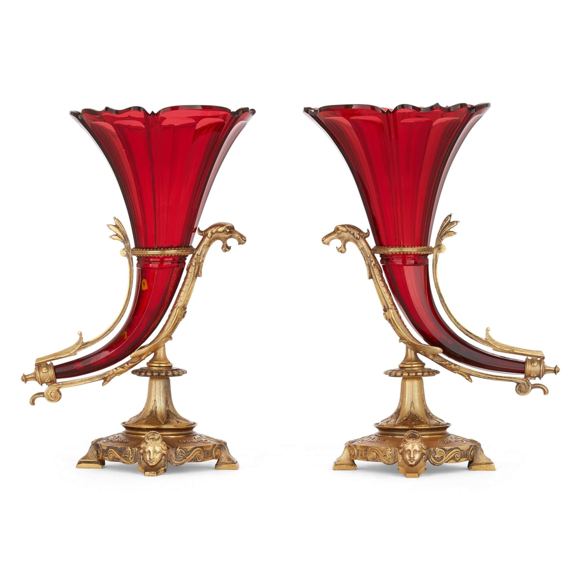 Neoclassical Large Antique Ormolu Mounted Red Glass Centrepiece Suite by Baccarat