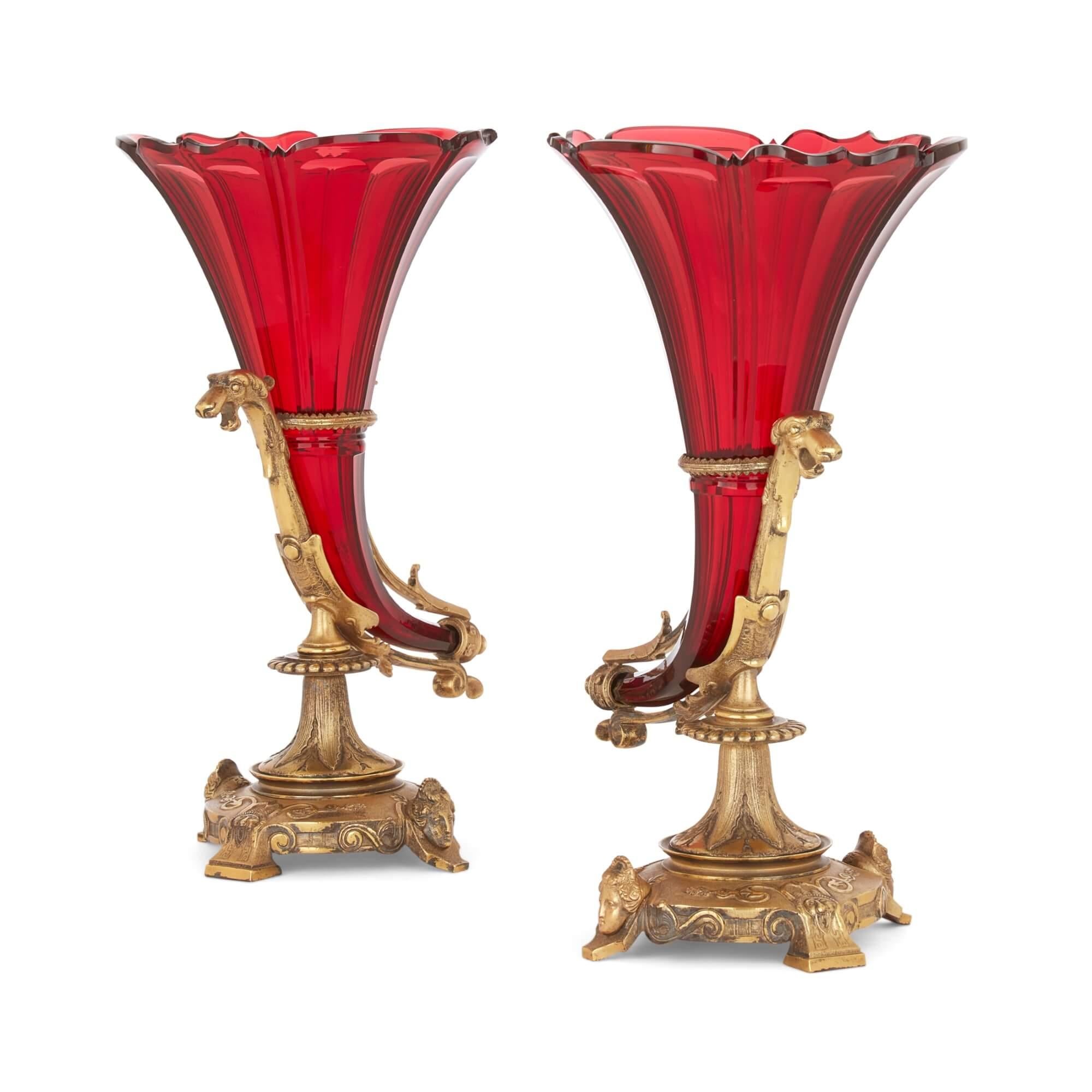 French Large Antique Ormolu Mounted Red Glass Centrepiece Suite by Baccarat
