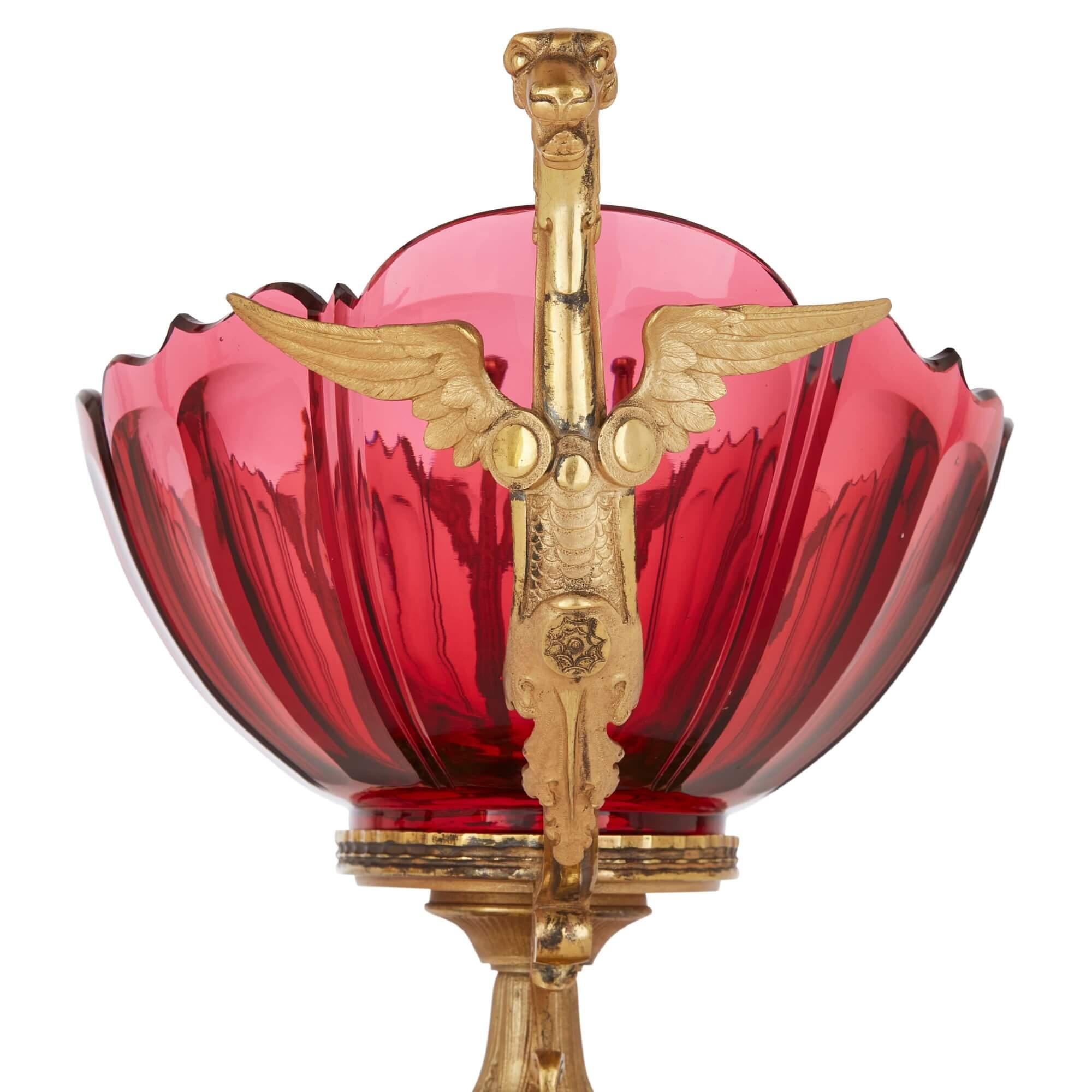 Gilt Large Antique Ormolu Mounted Red Glass Centrepiece Suite by Baccarat