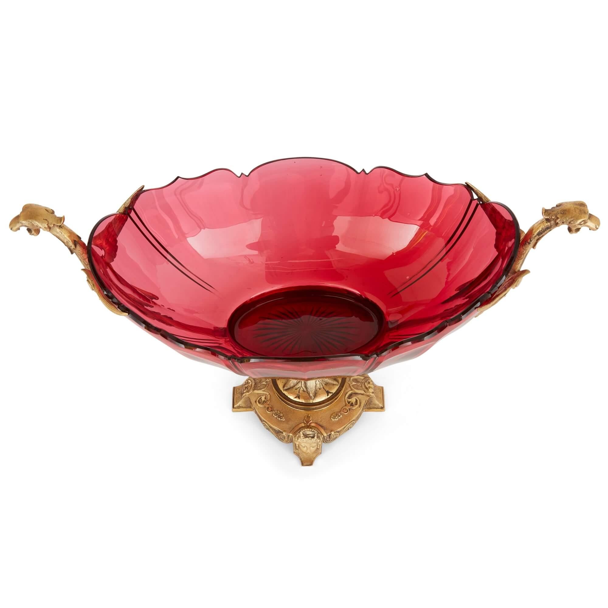 Large Antique Ormolu Mounted Red Glass Centrepiece Suite by Baccarat In Good Condition In London, GB