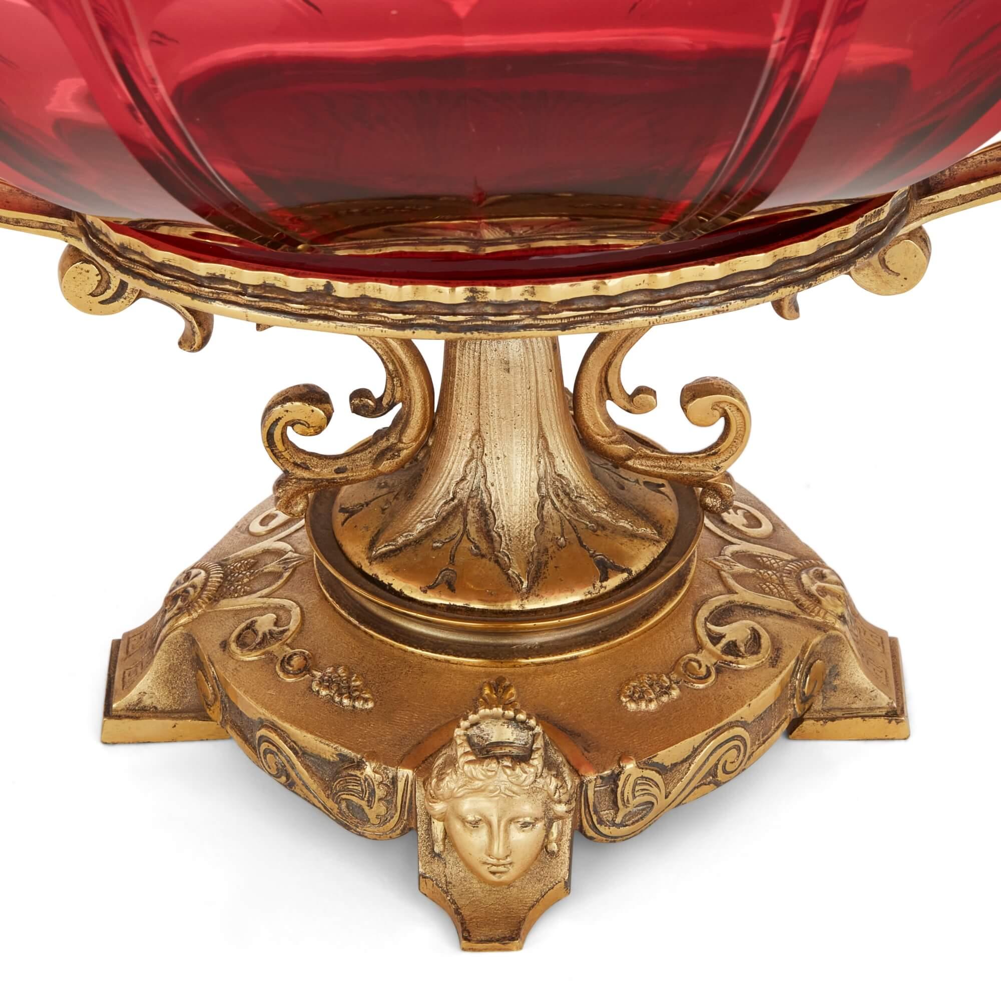 19th Century Large Antique Ormolu Mounted Red Glass Centrepiece Suite by Baccarat