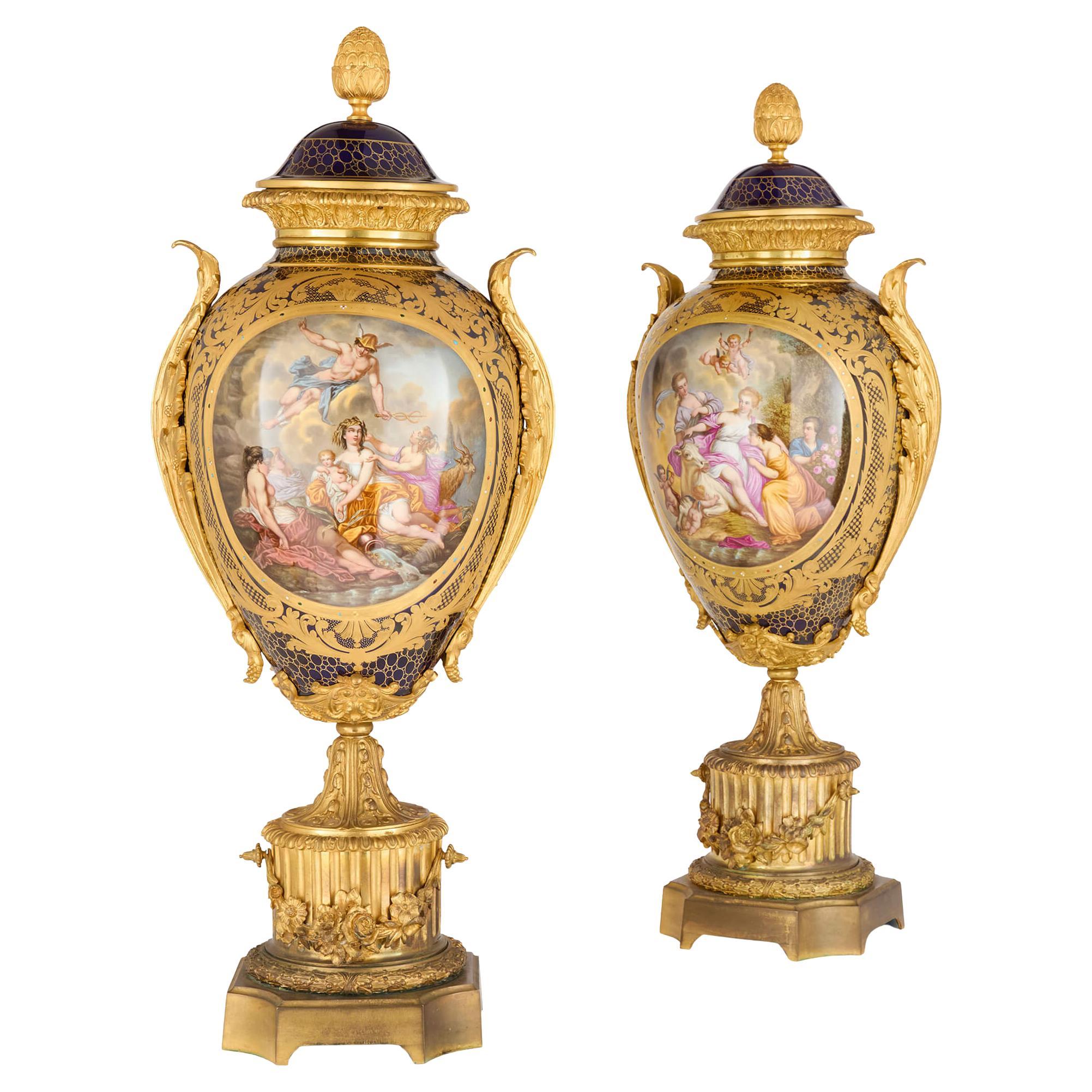 Large Antique Ormolu Mounted Sevres Style Porcelain Vases French Mythological For Sale