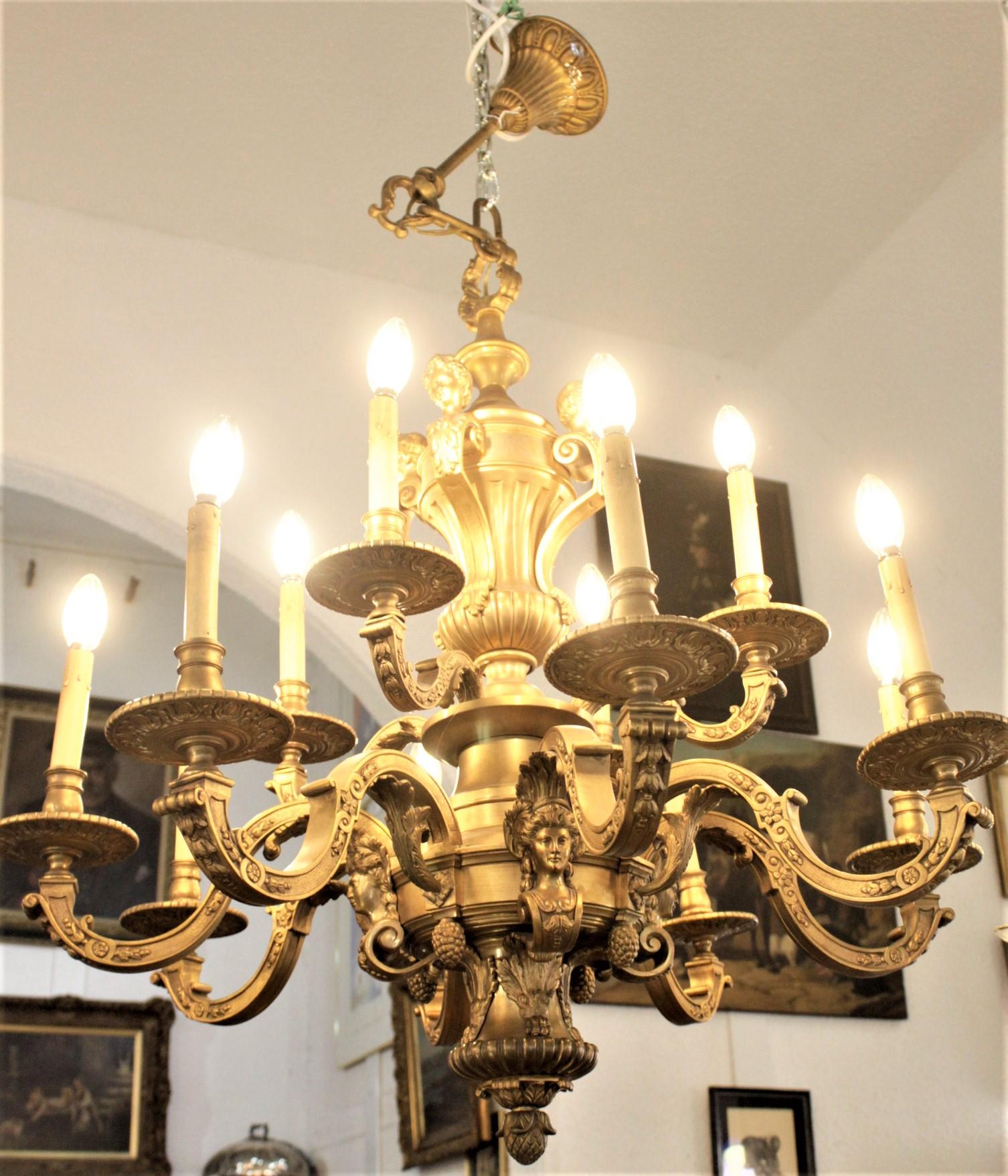 Cast Large Antique Ornate French Louis XIV Boulle Style Gilt Bronze Chandelier For Sale