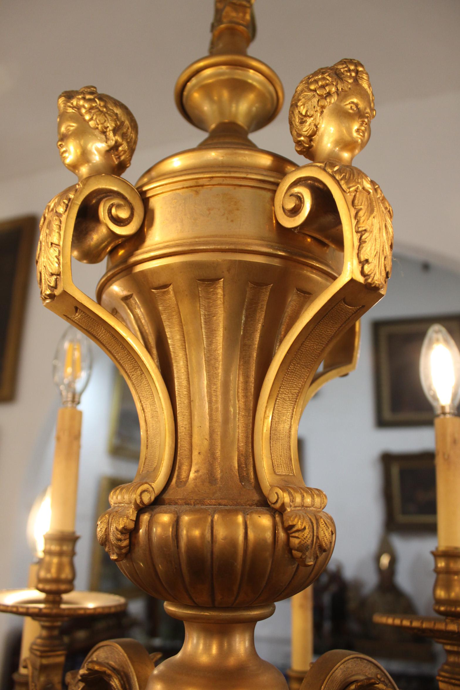 Large Antique Ornate French Louis XIV Boulle Style Gilt Bronze Chandelier For Sale 4
