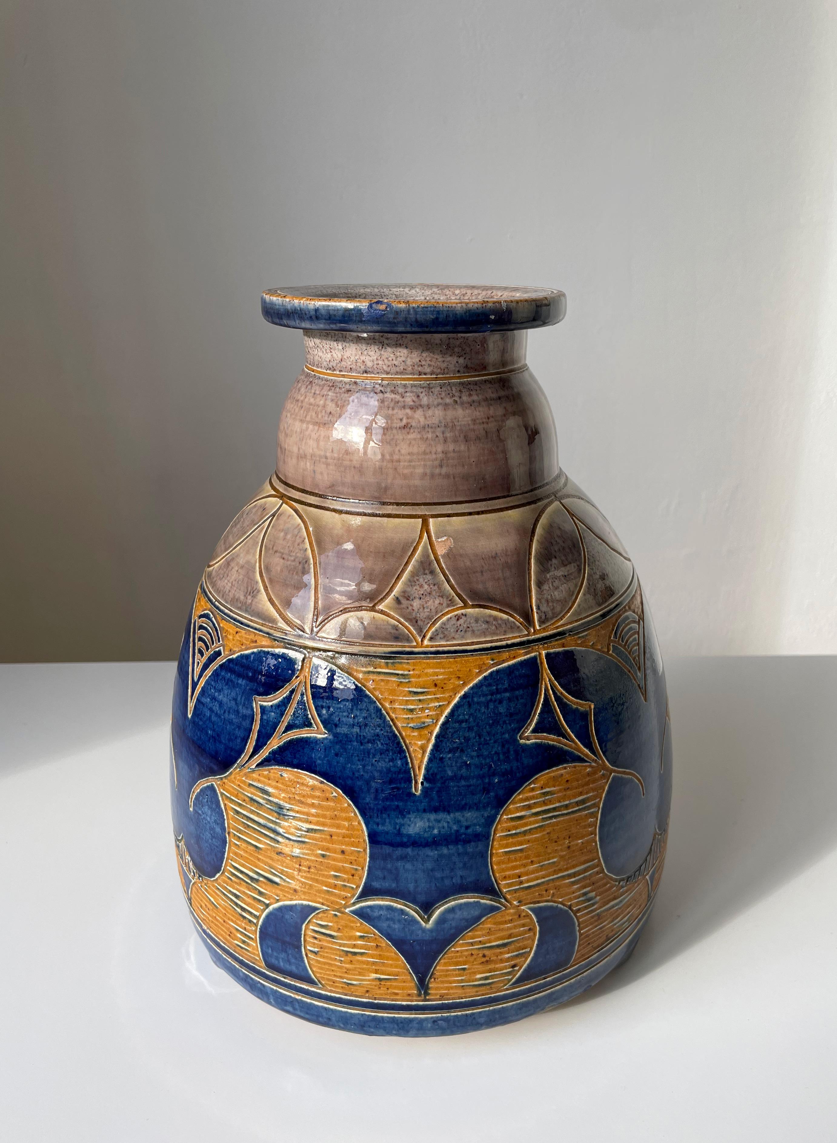 Hand-Painted Large Antique Otto Grell Art Deco Ceramic Vase, 1929 For Sale