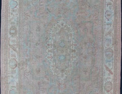 Large Antique Oushak Carpet in Light Pink Background with Light Blue Highlights