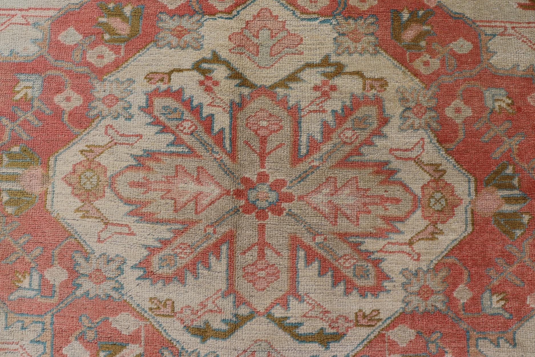 Large Antique Oushak Rug in Taupe / Light Green Background and Coral Border For Sale 3