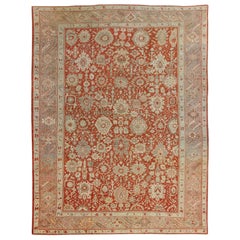 Large Antique Oushak Rug with Floral Design in Soft Orange, Taupe, Light Green