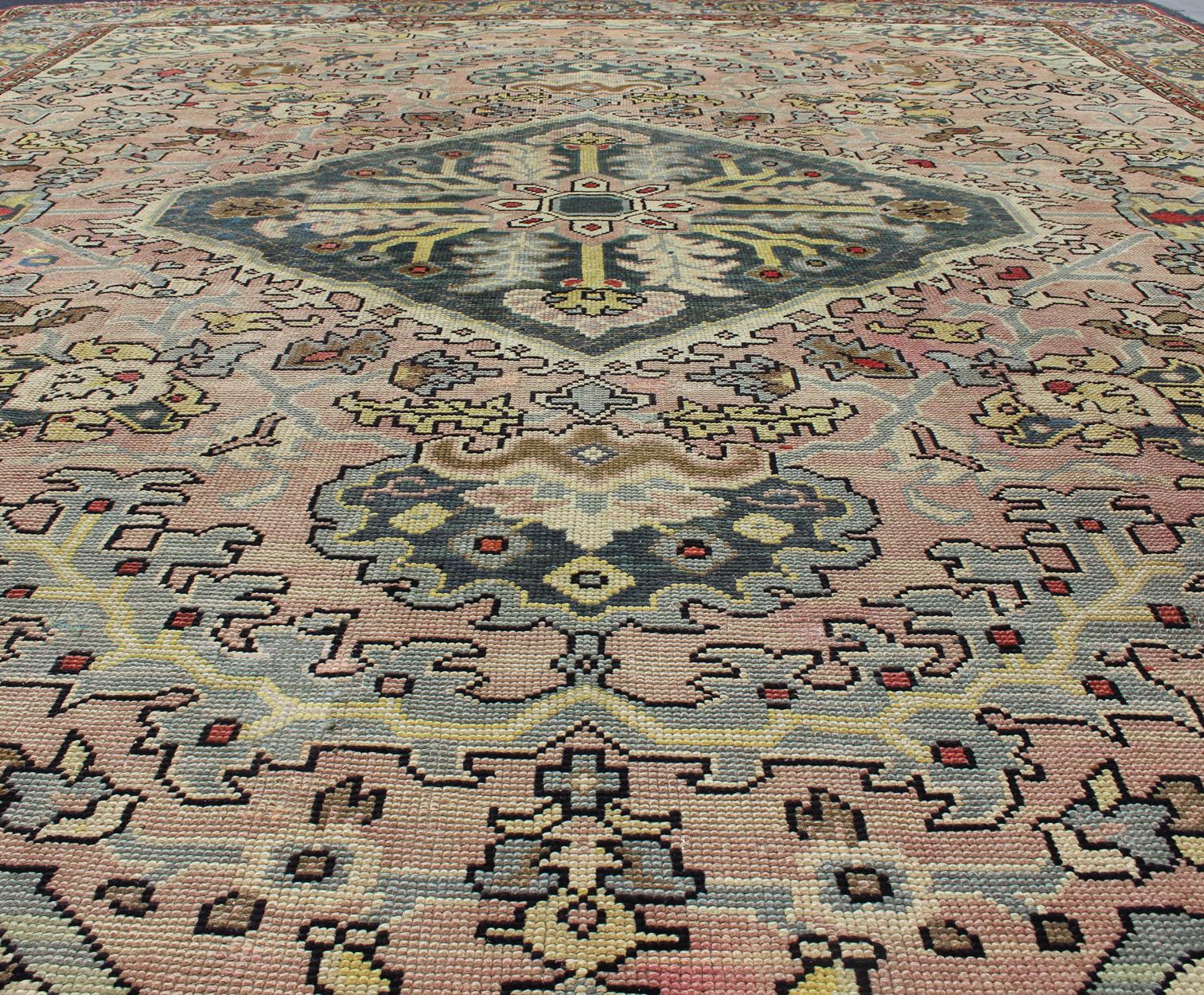 Large Antique Oushak Rug with Floral Design in Pink and Steel Blue   13' x 16' For Sale 3