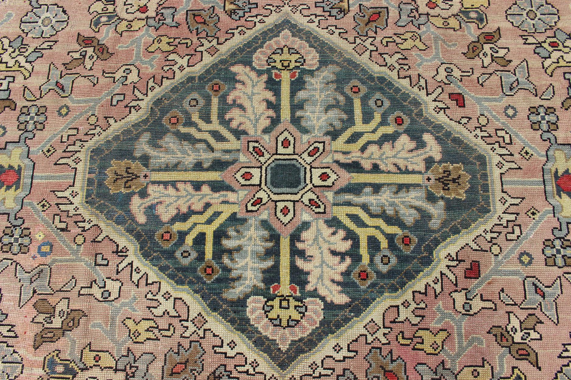 Large Antique Oushak Rug with Floral Design in Pink and Steel Blue   13' x 16' For Sale 4