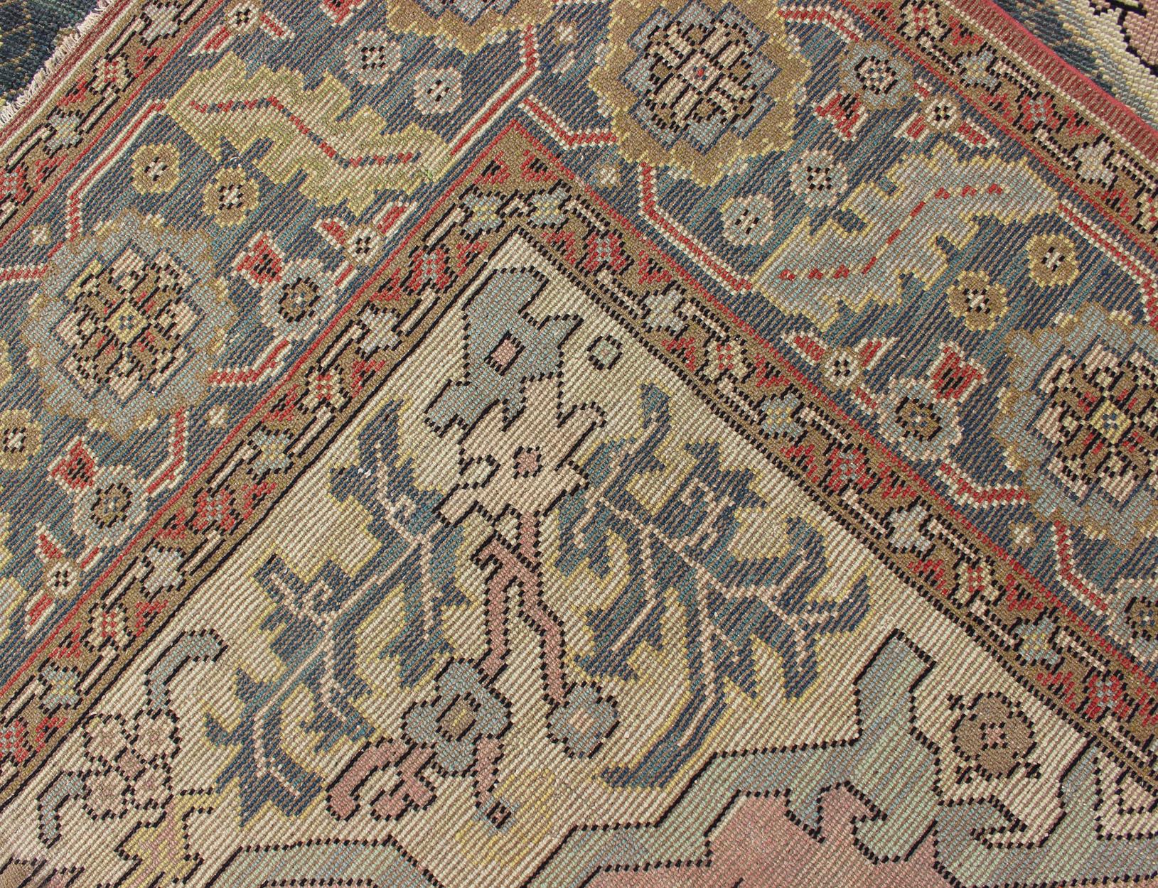 Großer antiker Oushak-Teppich mit Blumenmuster in Rosa und Stahlblau   13' x 16' im Angebot 7