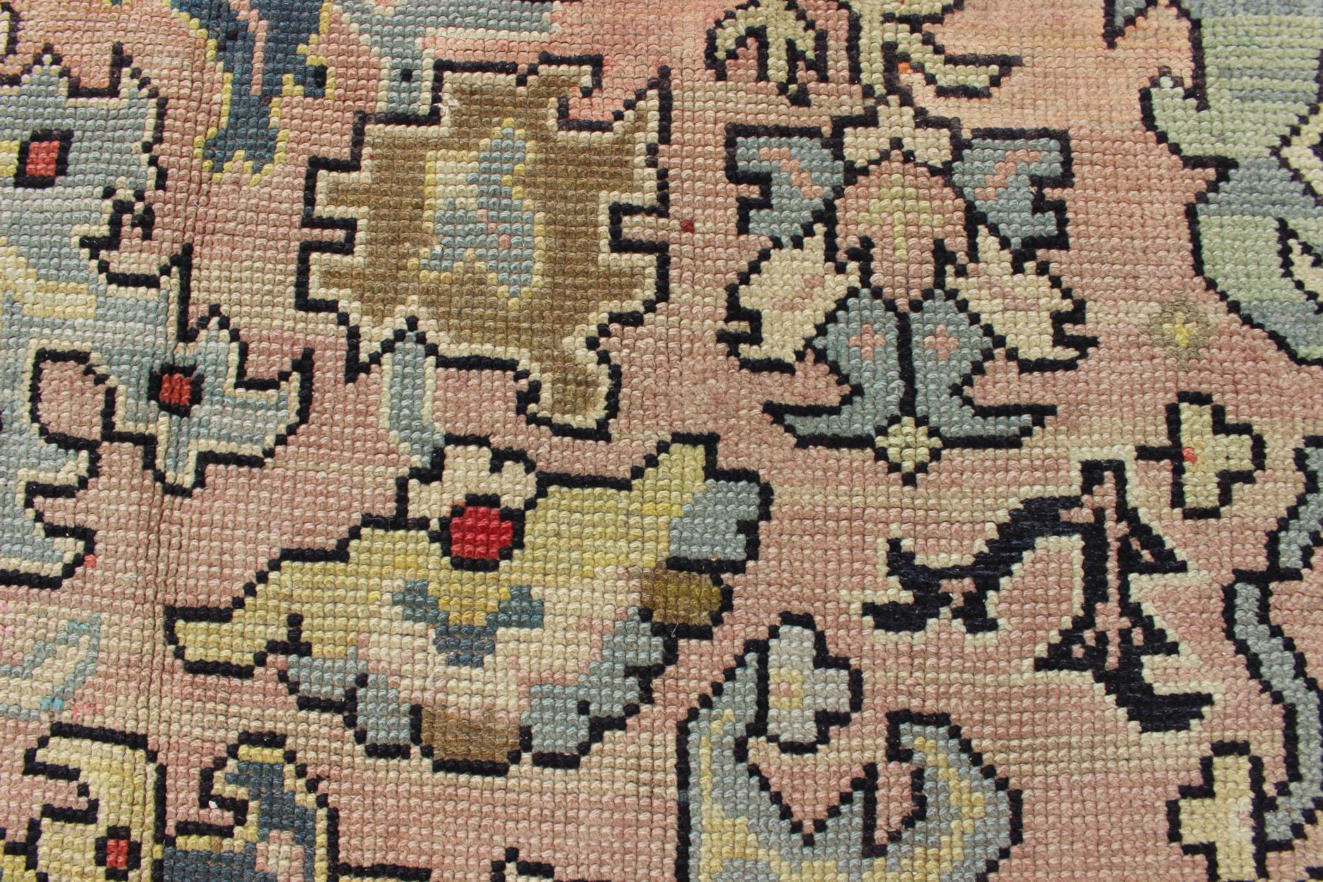 Großer antiker Oushak-Teppich mit Blumenmuster in Rosa und Stahlblau   13' x 16' im Angebot 8
