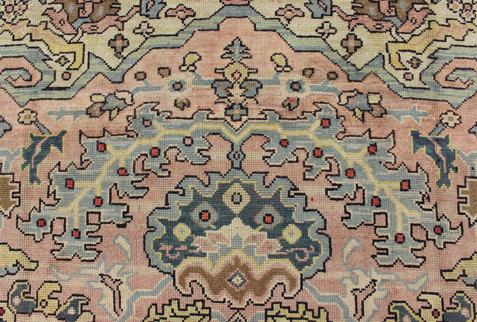 Großer antiker Oushak-Teppich mit Blumenmuster in Rosa und Stahlblau   13' x 16' im Angebot 11