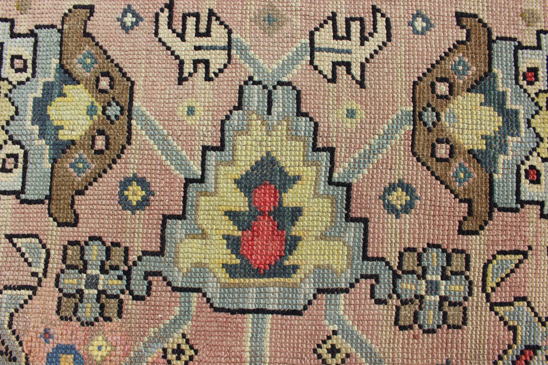 Großer antiker Oushak-Teppich mit Blumenmuster in Rosa und Stahlblau   13' x 16' im Angebot 12