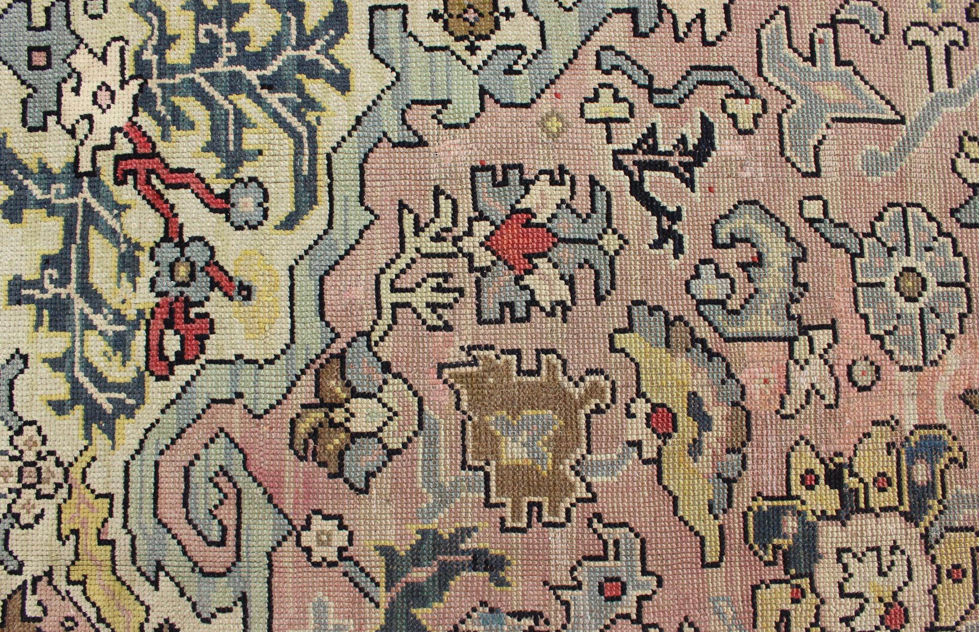 Großer antiker Oushak-Teppich mit Blumenmuster in Rosa und Stahlblau   13' x 16' im Angebot 13