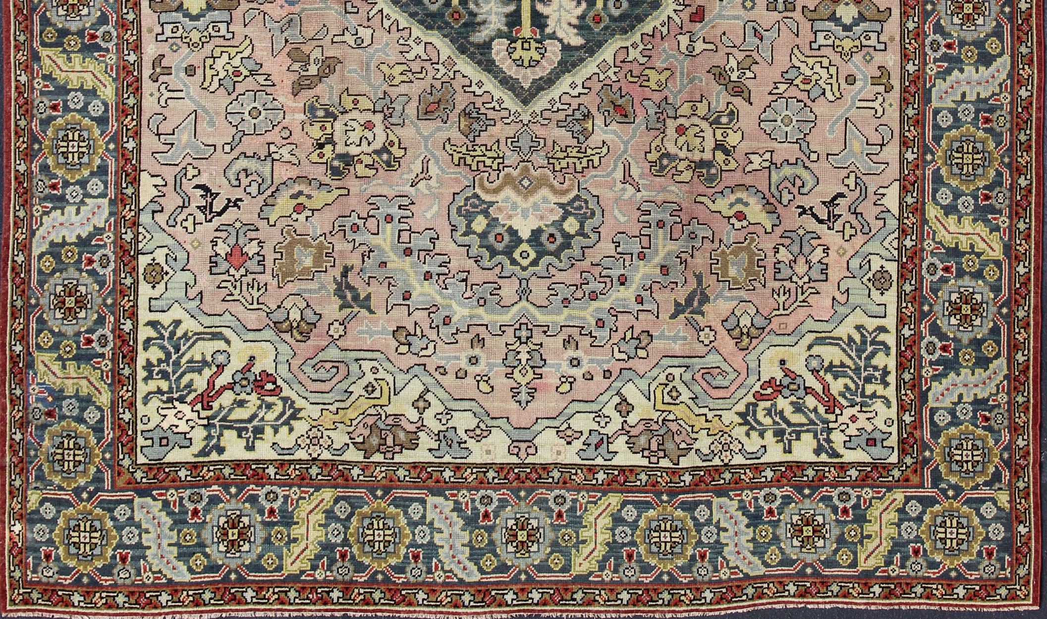 Turkish Large Antique Oushak Rug with Floral Design in Pink and Steel Blue   13' x 16' For Sale
