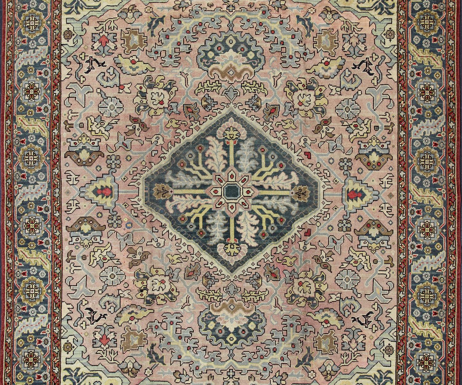 Hand-Knotted Large Antique Oushak Rug with Floral Design in Pink and Steel Blue   13' x 16' For Sale