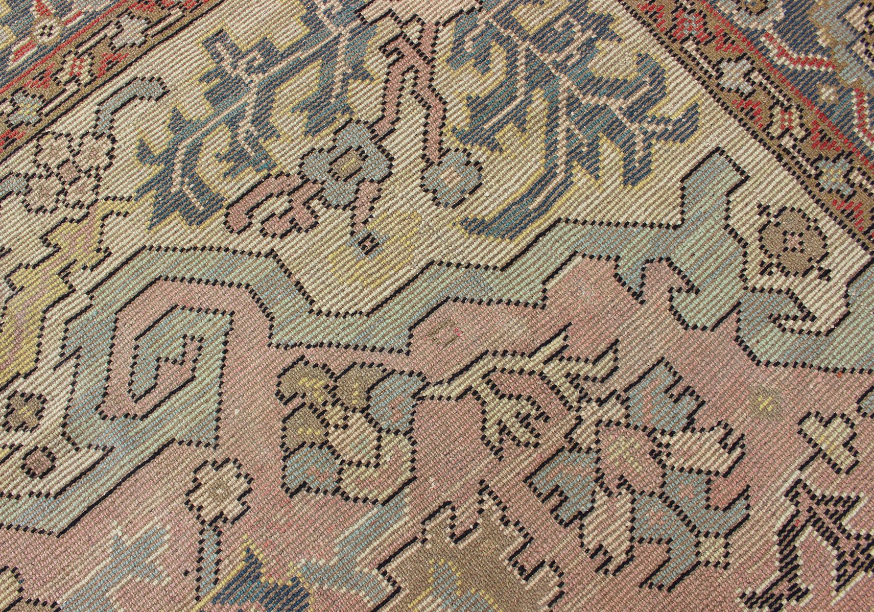Early 20th Century Large Antique Oushak Rug with Floral Design in Pink and Steel Blue   13' x 16' For Sale