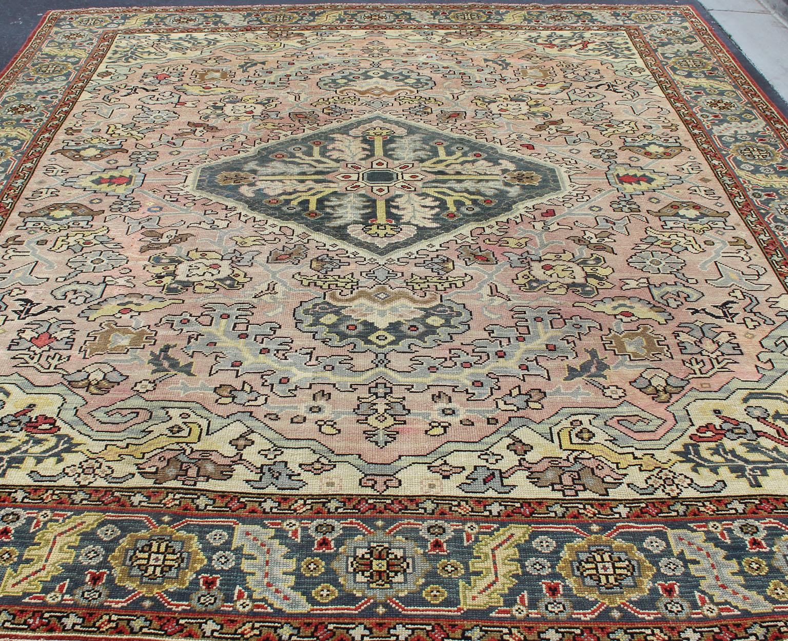 Large Antique Oushak Rug with Floral Design in Pink and Steel Blue   13' x 16' For Sale 2