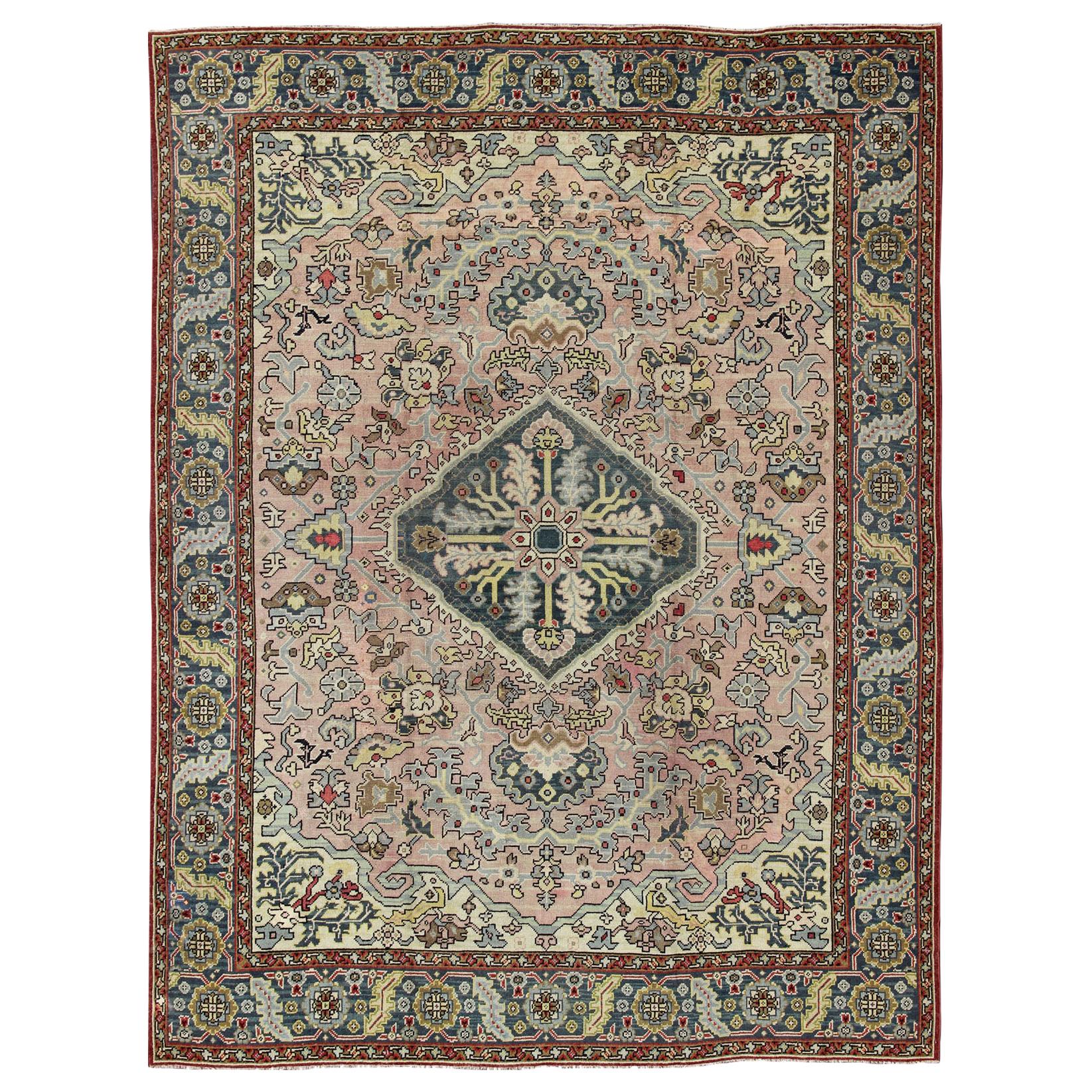 Large Antique Oushak Rug with Floral Design in Pink and Steel Blue   13' x 16' For Sale