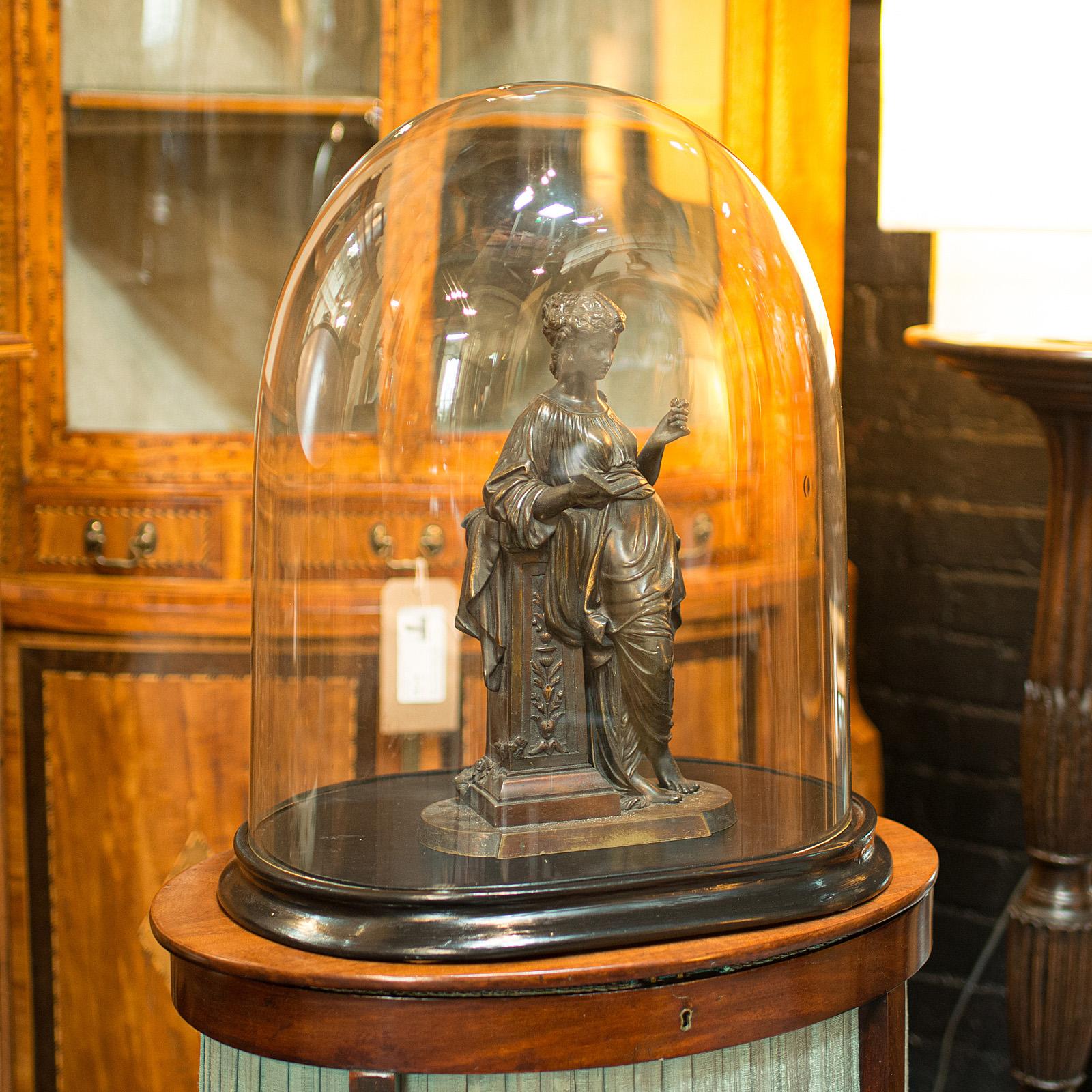 This is a large antique display dome. An English, oval glass showcase upon ebonised pine, dating to the Victorian period, circa 1900.

Of superb proportion and excellent order for age
Displays a desirable aged patina throughout
Oval glass form