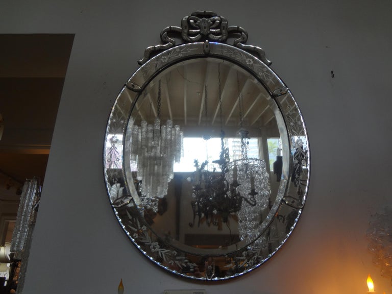 Large Antique Oval Etched Mirror with Bow For Sale at 1stDibs