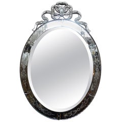 Large Antique Oval Etched Venetian Beveled Mirror with Bow