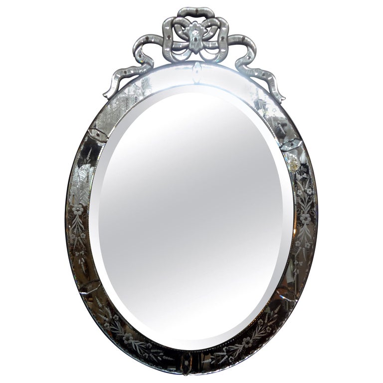 Large Antique Oval Etched Mirror with Bow For Sale at 1stdibs