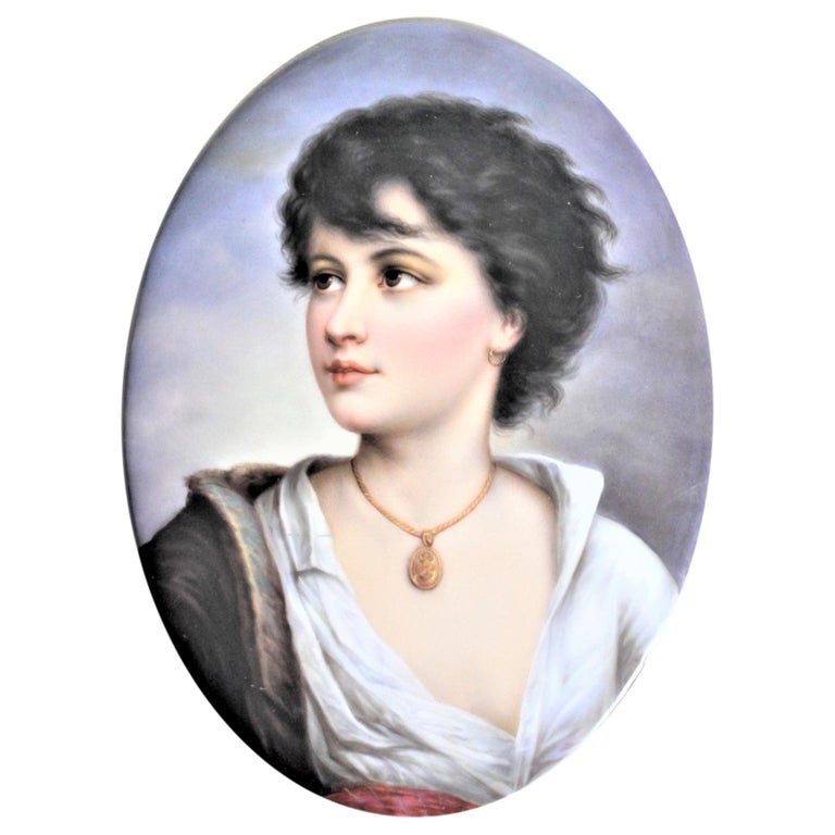 Large Antique Oval Hand Painted Portrait of a Woman on a Porcelain Wall Plaque For Sale