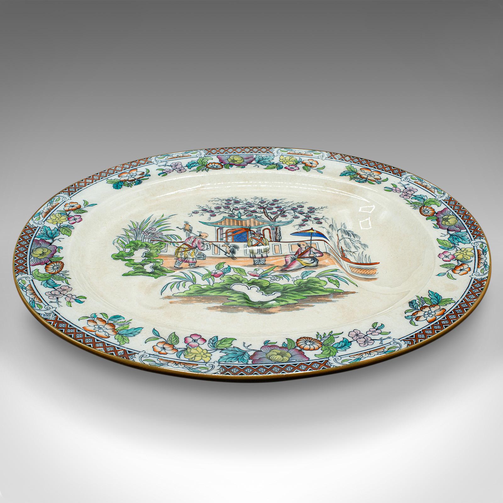 This is a large antique oval meat platter. A Chinese, ceramic dinner serving plate, dating to the late Victorian period, circa 1900.

Highly decorative serving plate of generous proportion
Displays a desirable aged patina and in good order
Cream