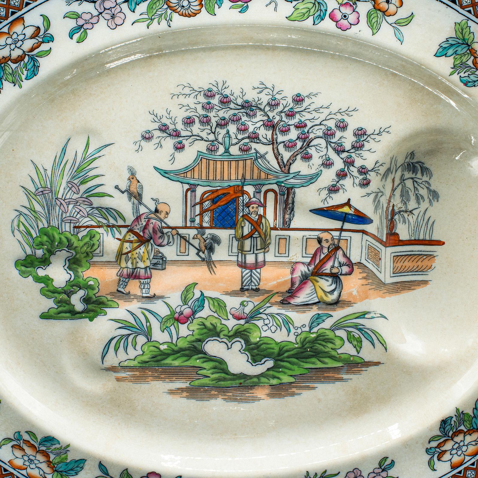 19th Century Large Antique Oval Meat Platter, Chinese, Ceramic, Serving Plate, Victorian For Sale