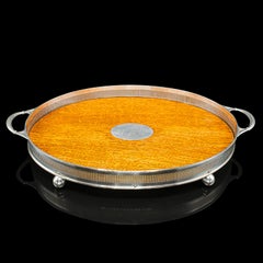 Large Antique Oval Serving Tray, English, Oak, Silver Plate, Edwardian, C.1910