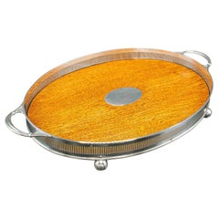 Large Antique Oval Serving Tray, English, Oak, Silver Plate, Edwardian, C.1910