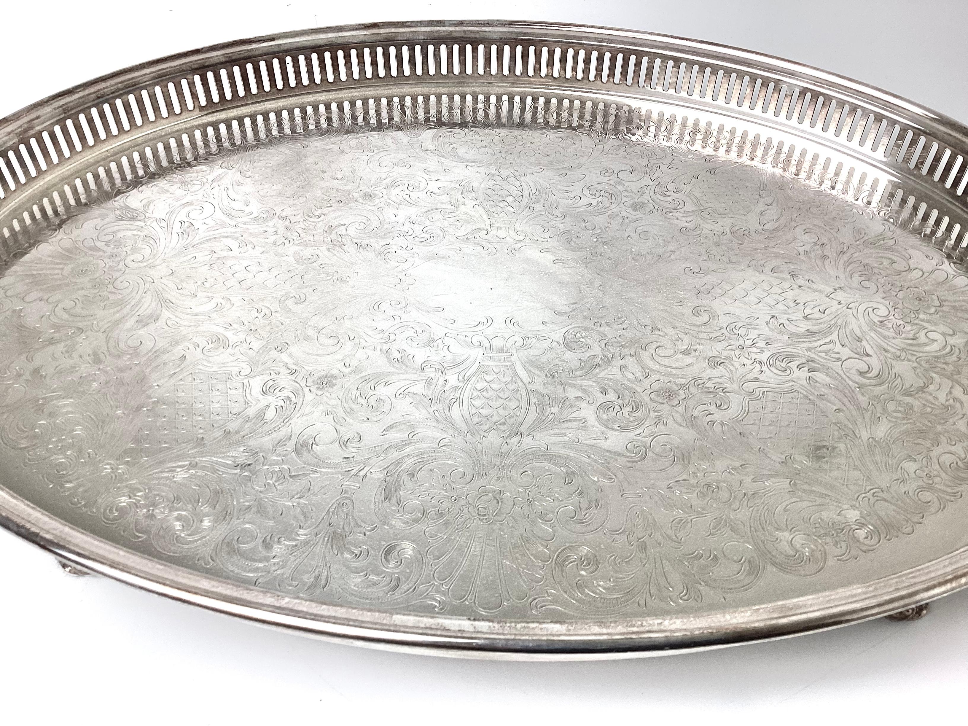 Large antique oval silver plated gallery serving drinks tray by W&S Blackinton. 25