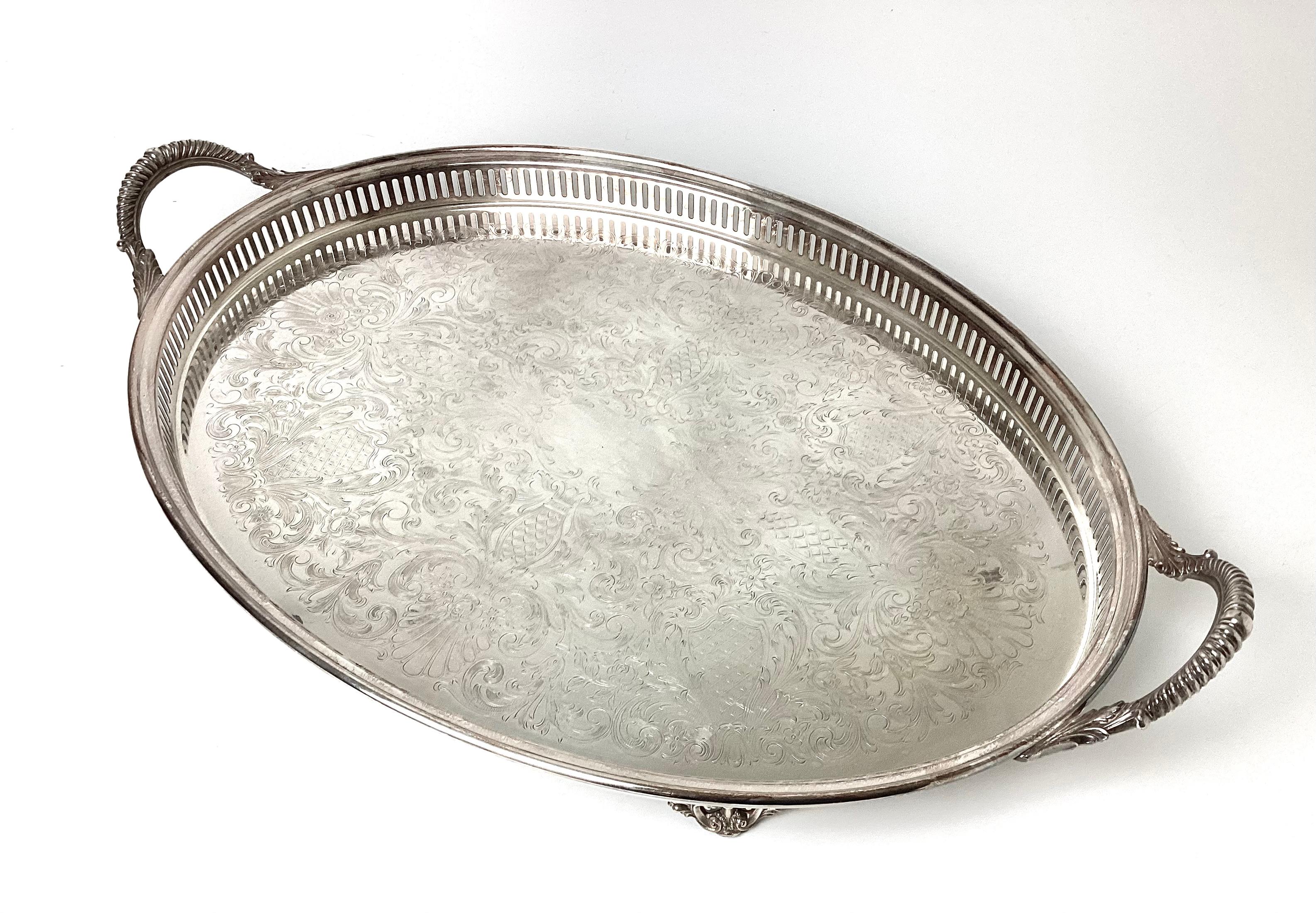 American Large Antique Oval Silver Plated Gallery Serving Drinks Tray by W&S Blackinton