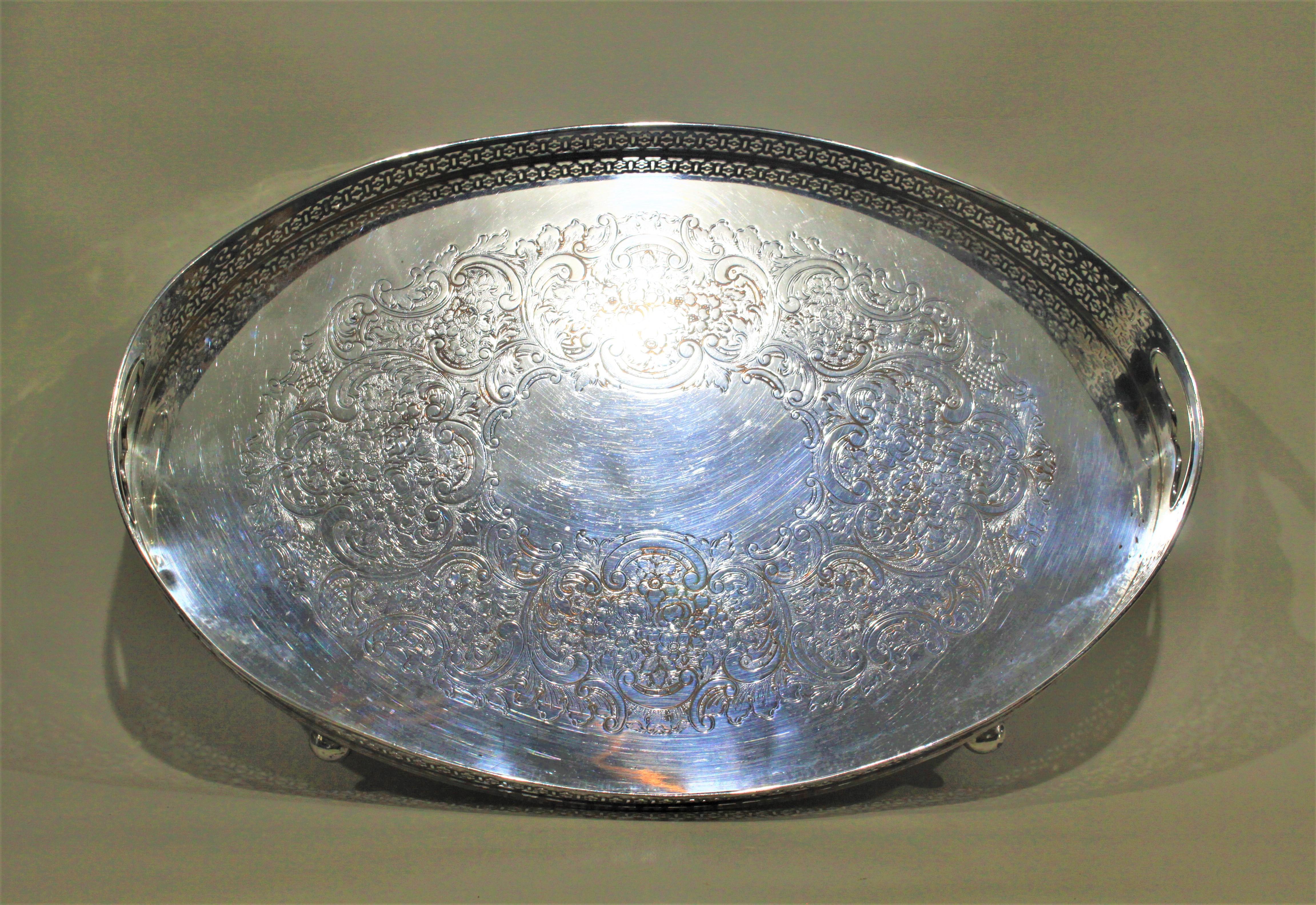 English Large Antique Oval Silver Plated Gallery Serving Tray