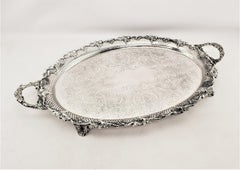 Large Antique Oval Silver Plated Serving Tray with Grape & Leaf Decoration