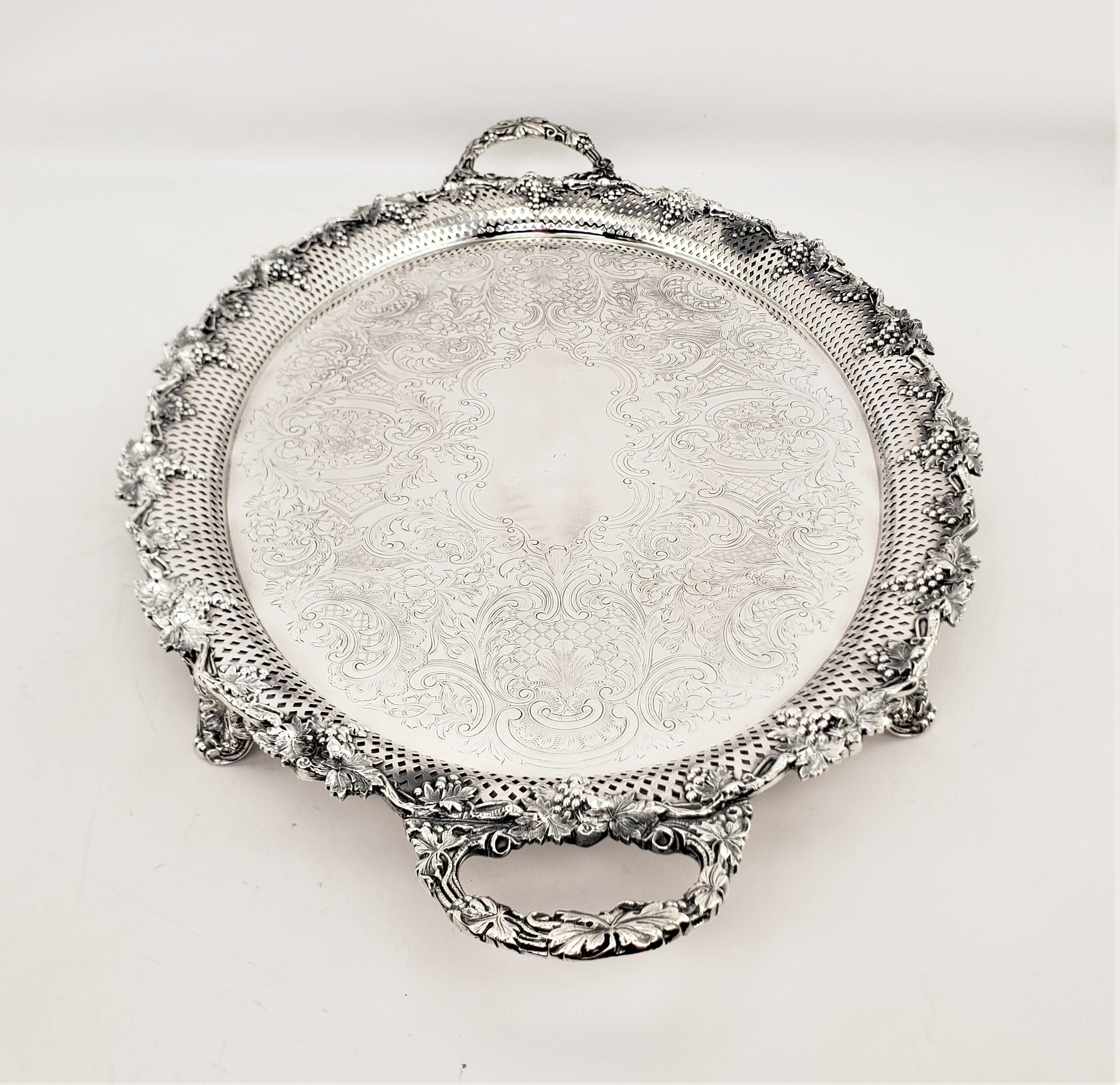 Victorian Large Antique Oval Silver Plated Serving Tray with Grape & Leaf Decoration For Sale